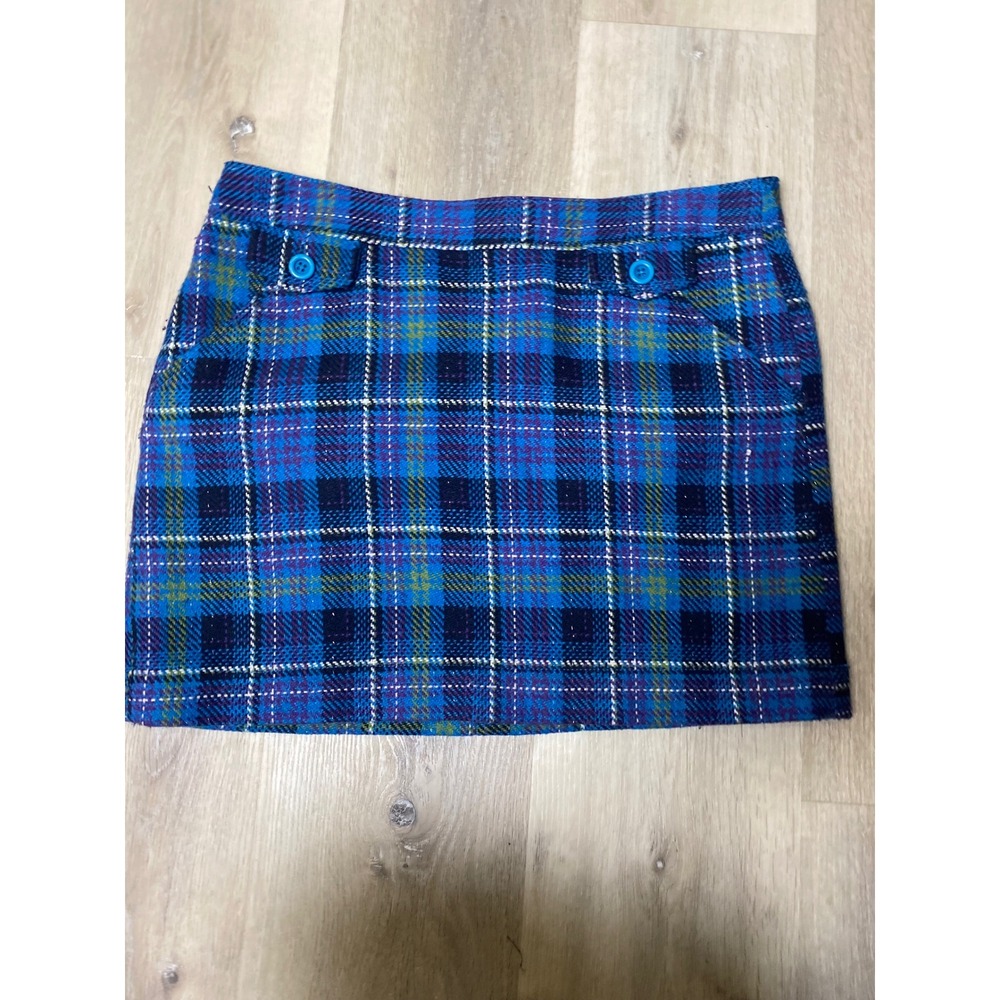 Fossil Blue Plaid Mini Skirt Y2K Wool Blend‎ Lined Pockets Size 6